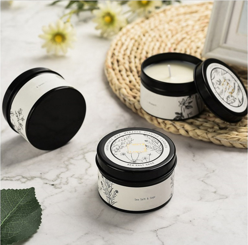 Wholesale personalized hot selling scented black travel candles tins with decal printing and private label